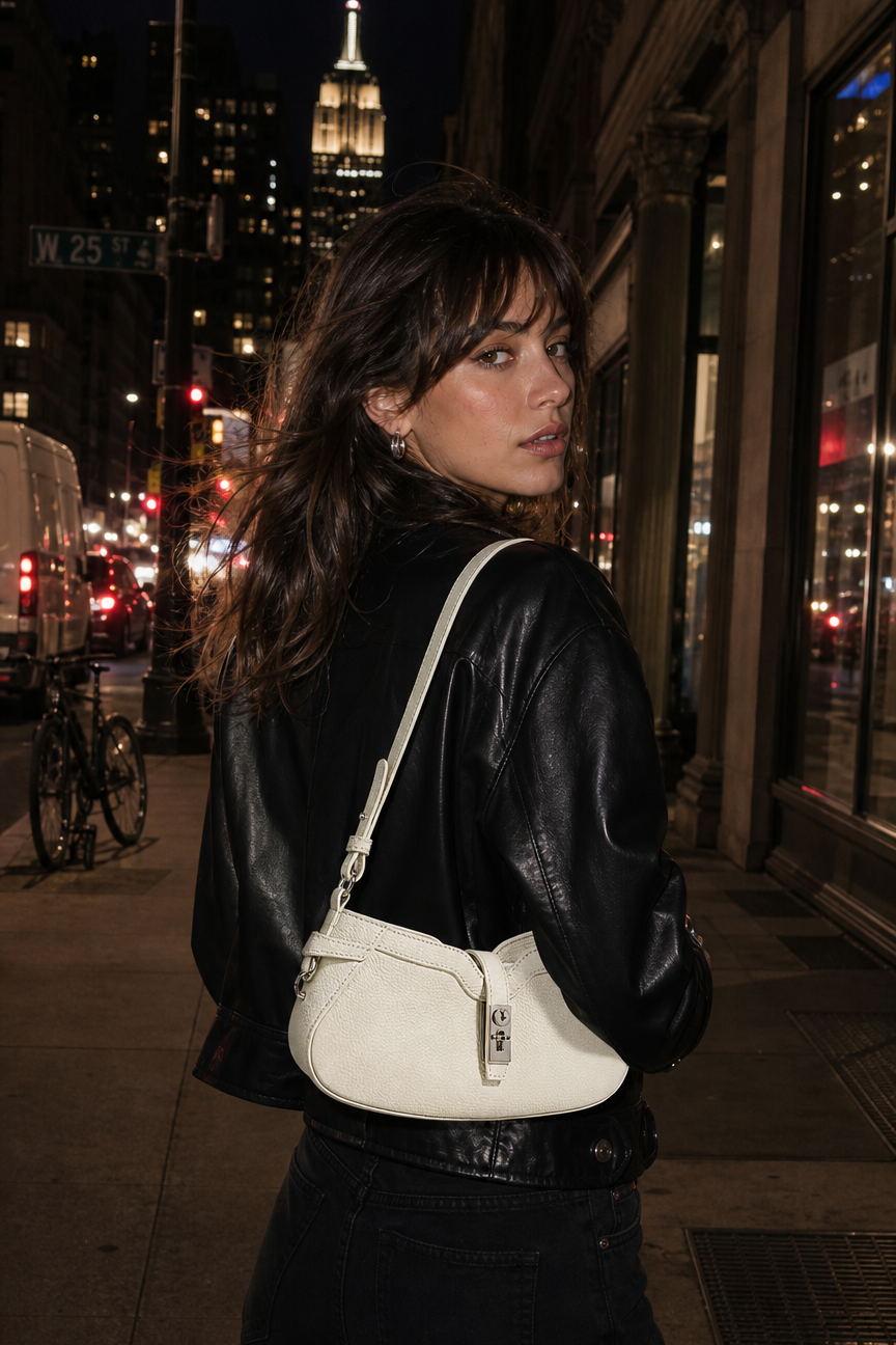 Woman in a black leather jacket with a white handbag in an urban night setting