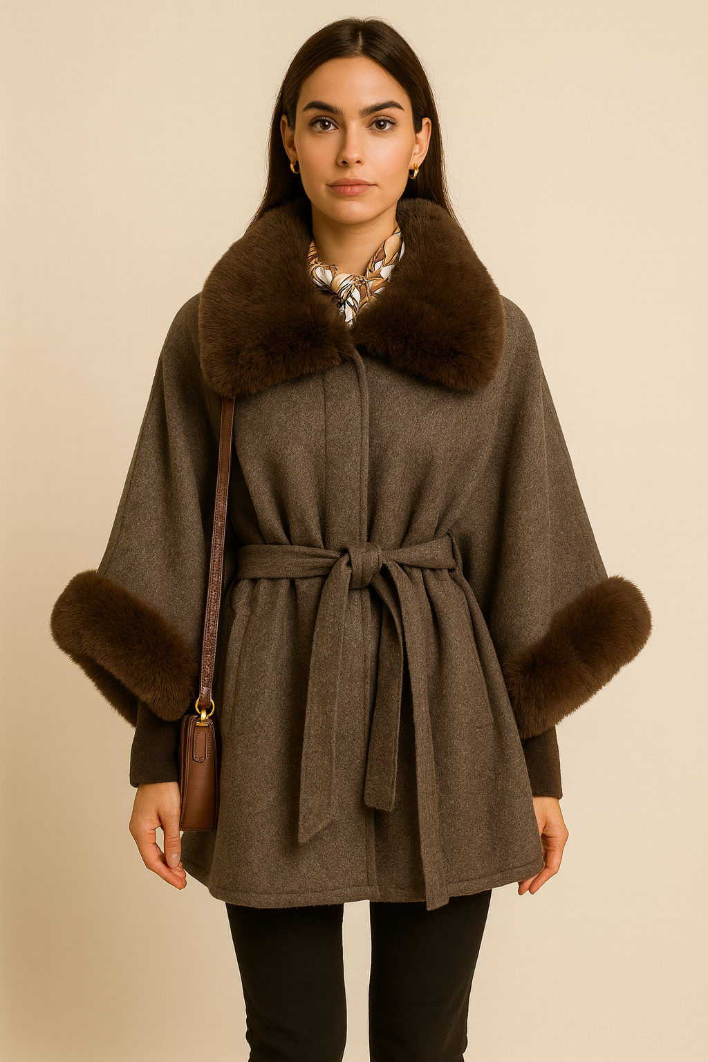 Woman wearing a brown cape with fur trim on a beige background