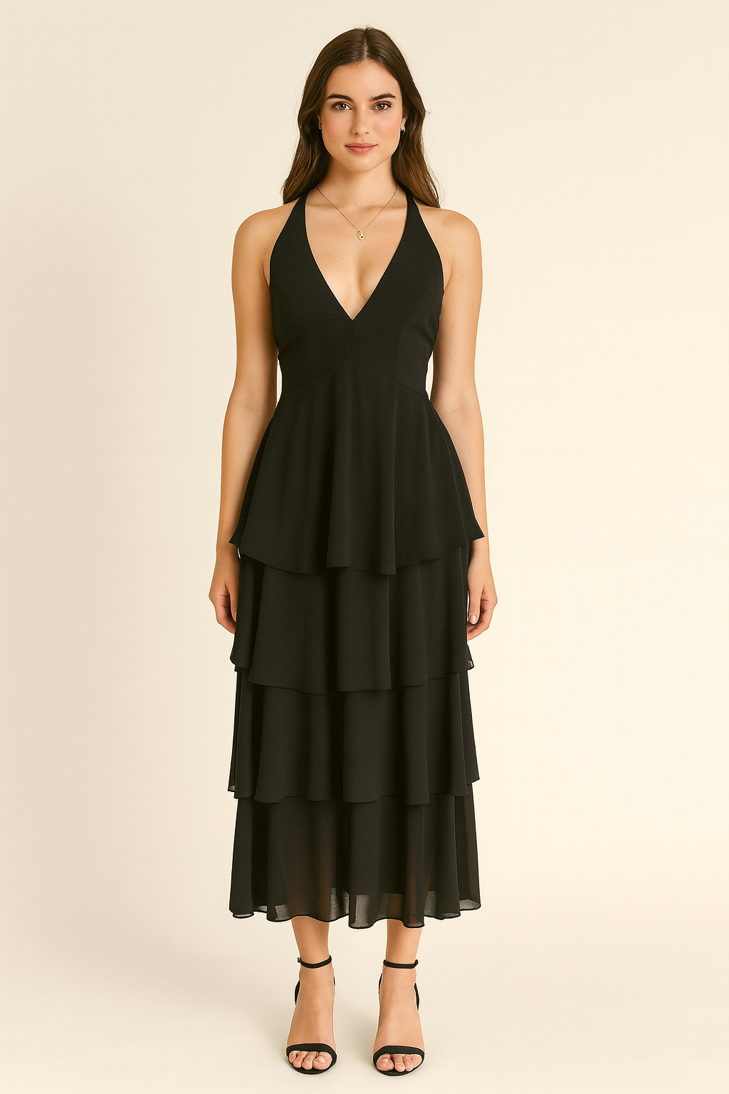 Black tiered dress worn by a model on a beige background