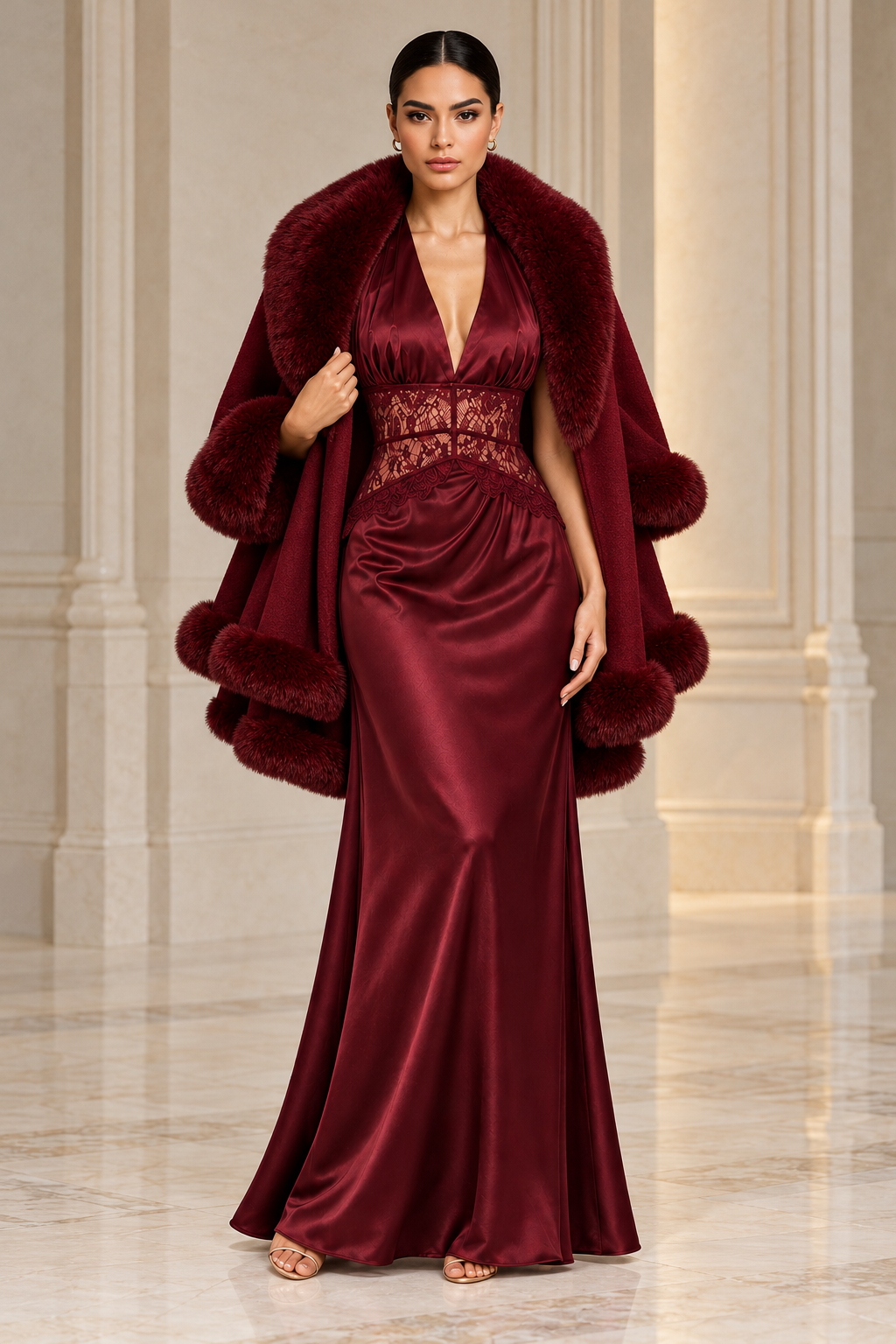 Burgundy Faux Fur Trim Cape