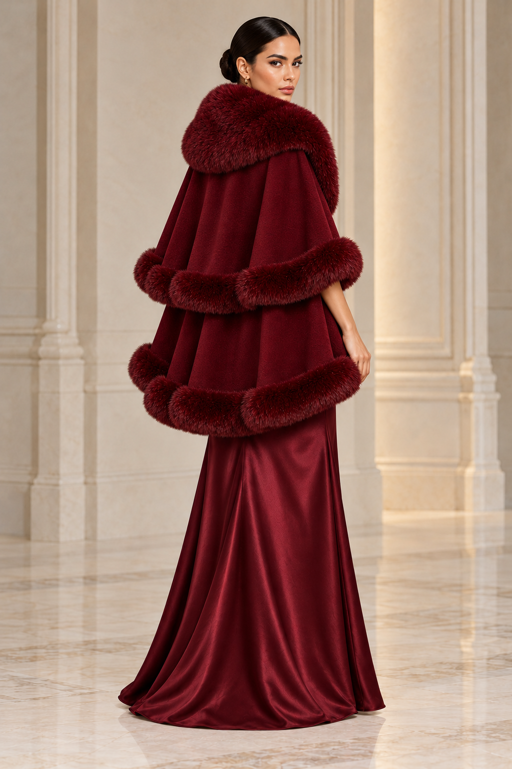 Burgundy Faux Fur Trim Cape