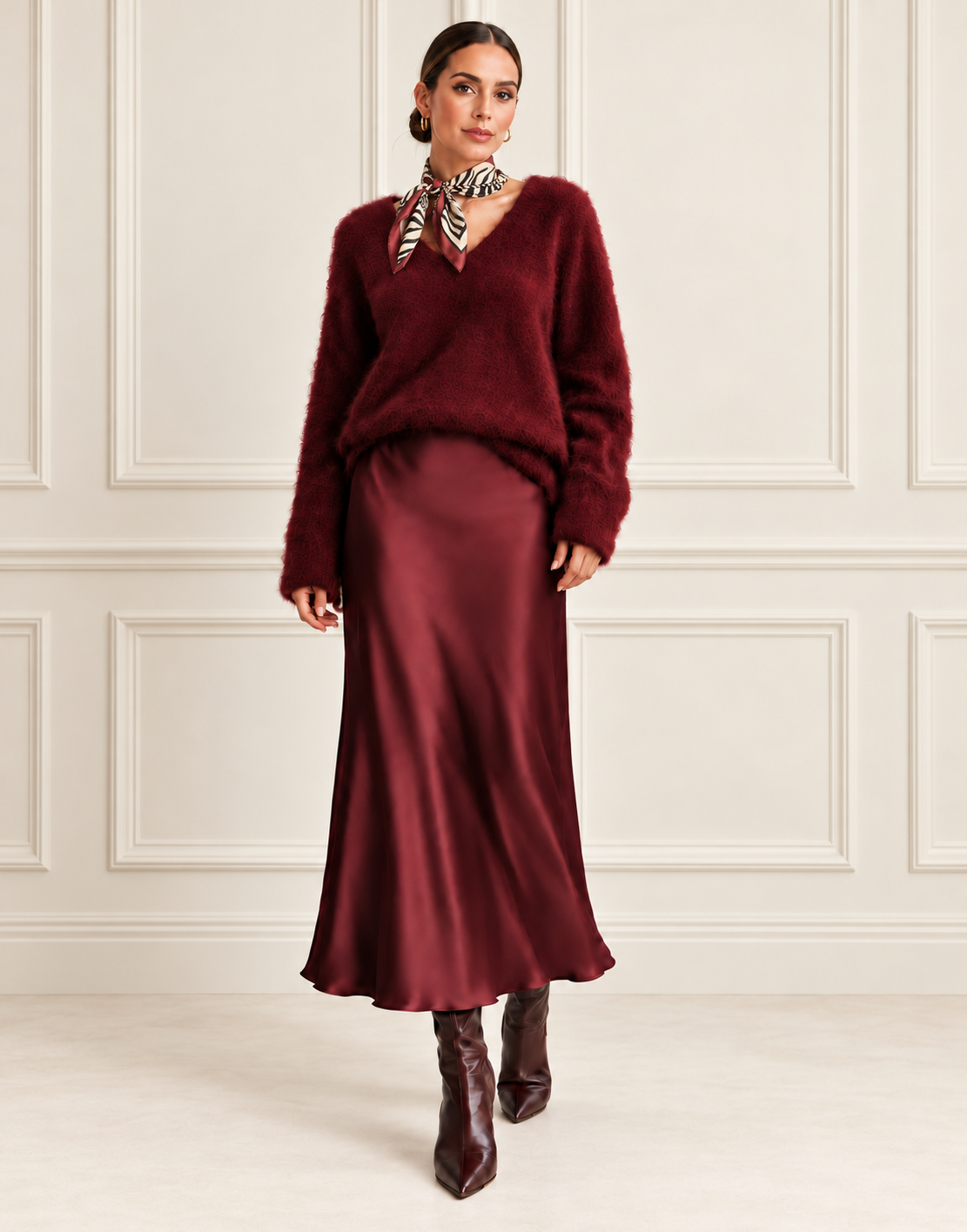 Burgundy Brushed Wool V-Neck Sweater
