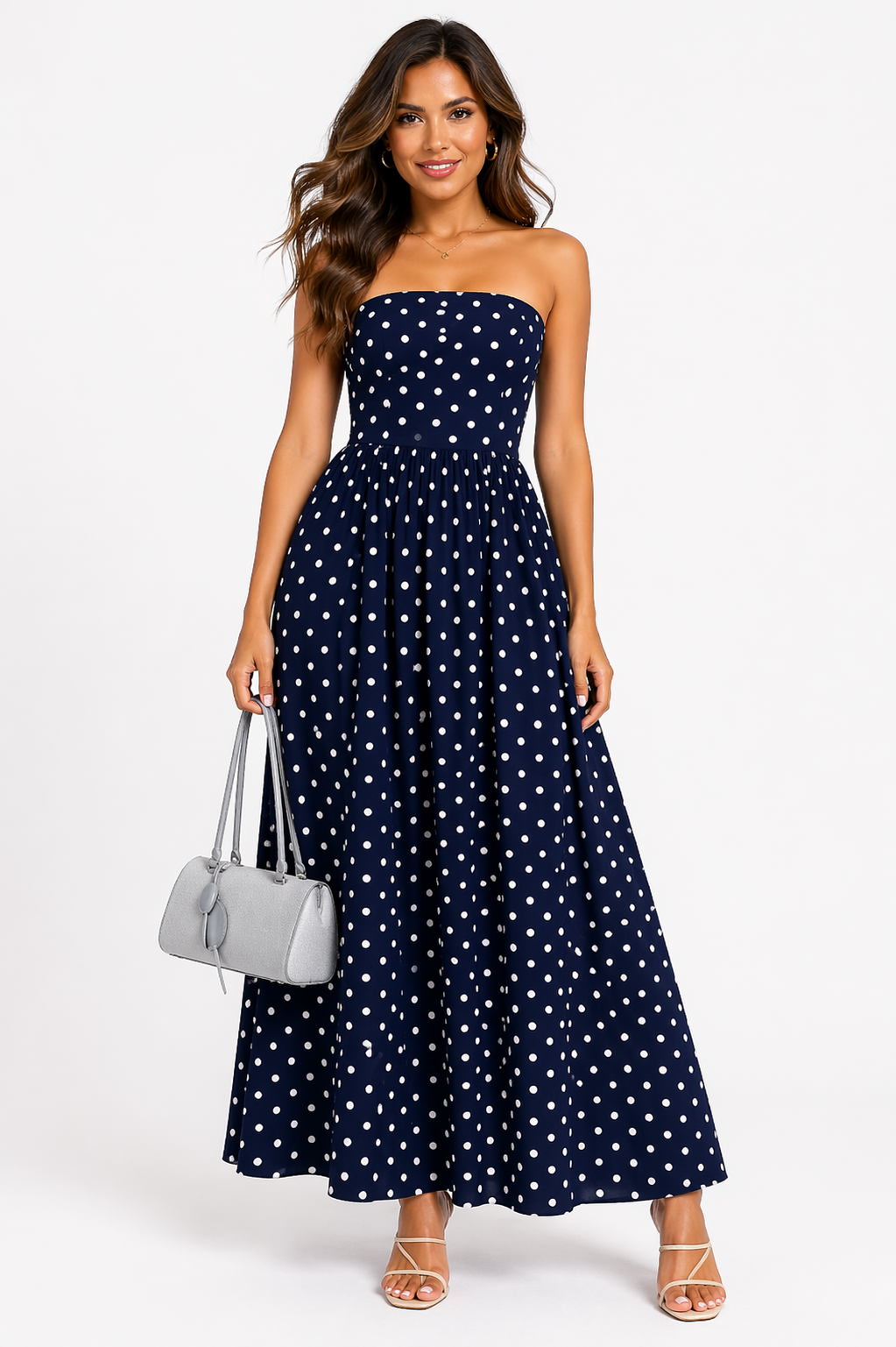 Navy Polka Dot Strapless Maxi Dress
