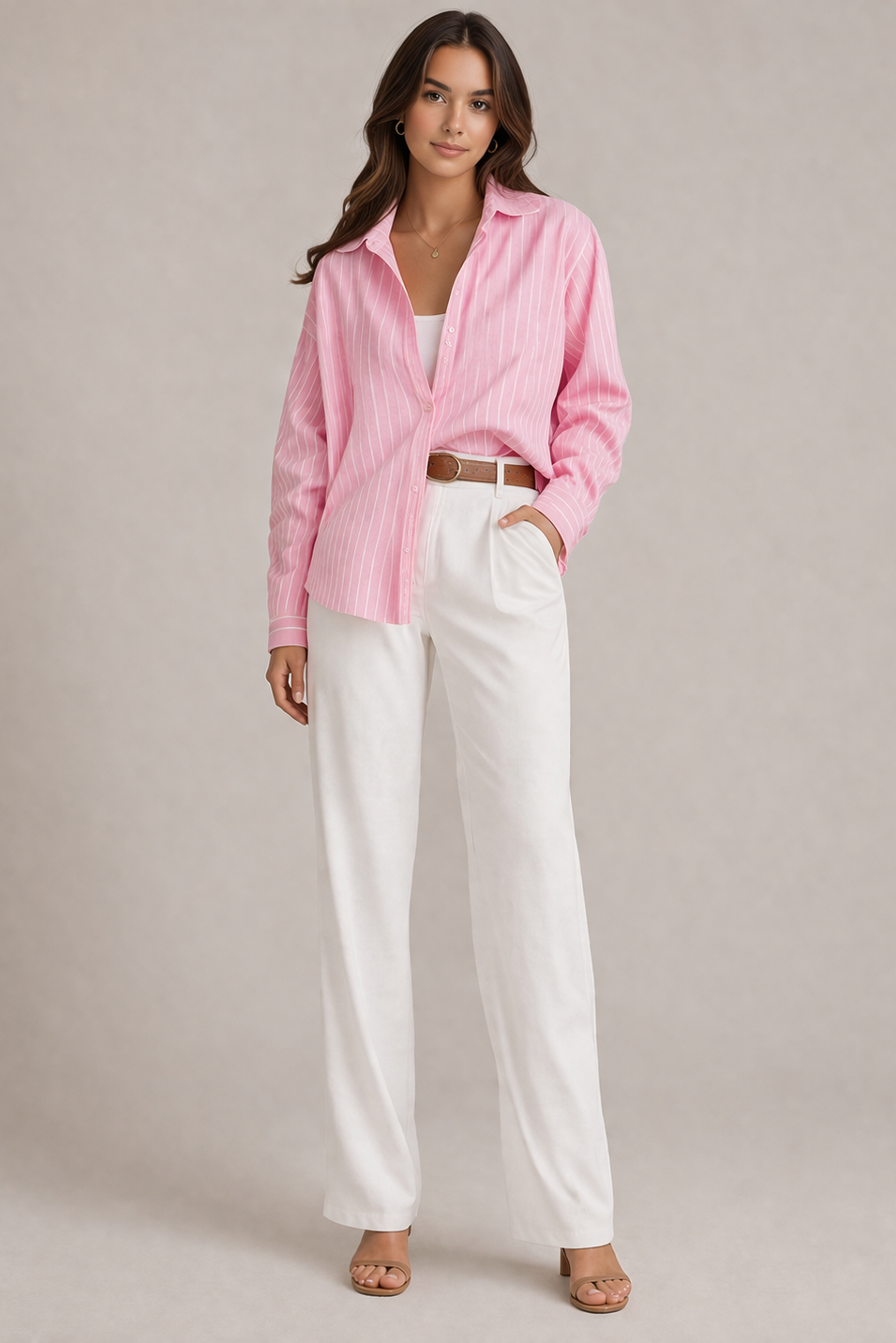 Woman wearing a pink striped shirt and white pants on a plain background