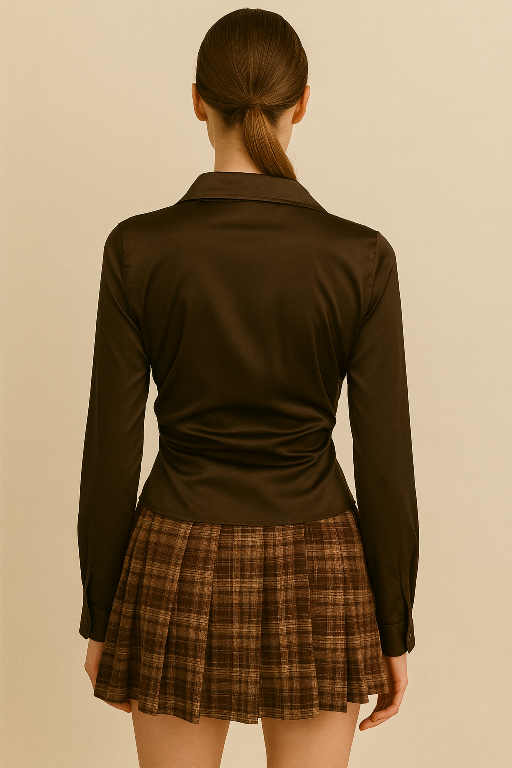 A woman wearing a fitted, deep mocha satin shirt with long sleeves and a pointed collar. The shirt buttons down the front and has subtle darting for shape. She is also wearing a brown plaid pleated mini skirt.