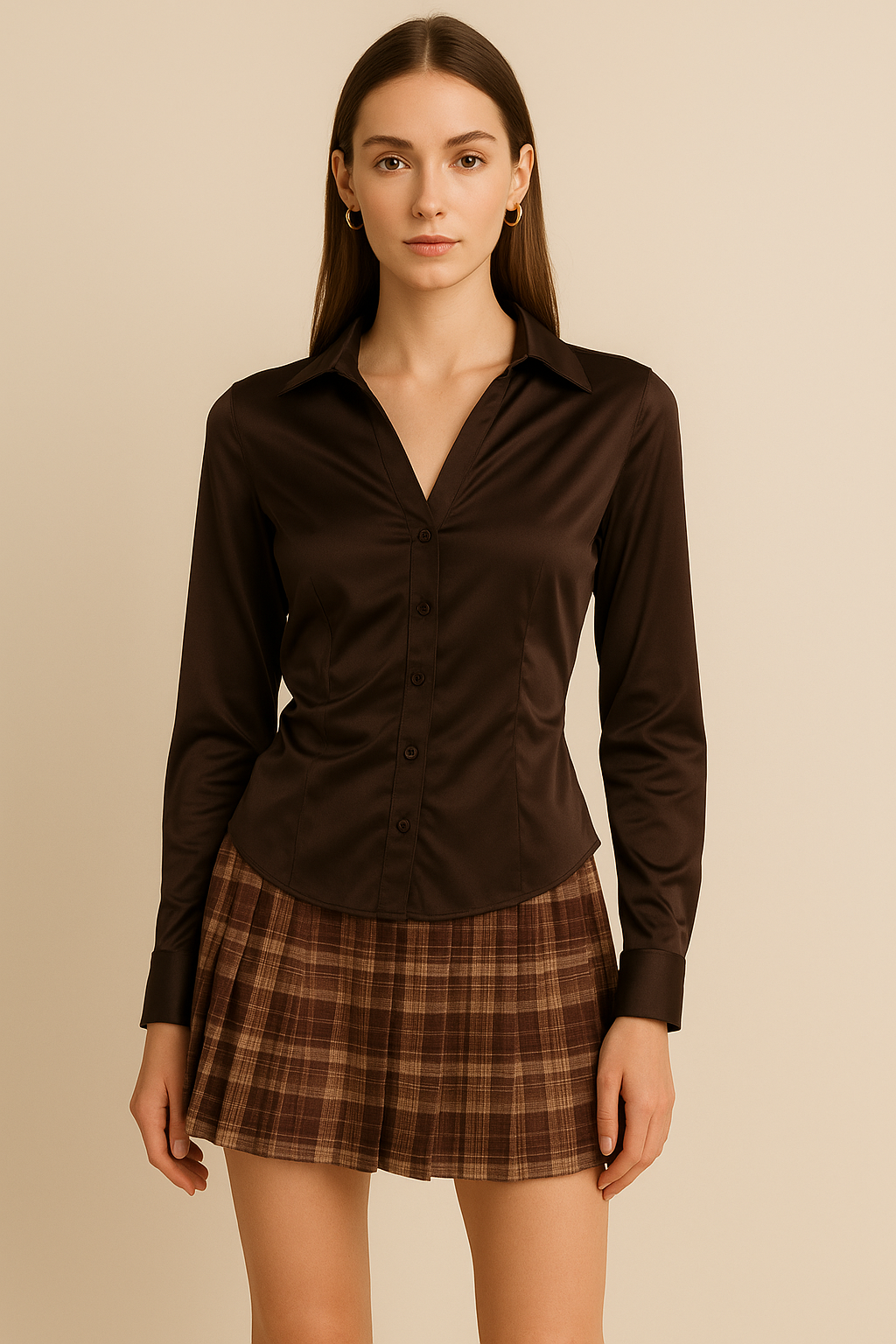 A woman wearing a fitted, deep mocha satin shirt with long sleeves and a pointed collar. The shirt buttons down the front and has subtle darting for shape. She is also wearing a brown plaid pleated mini skirt.