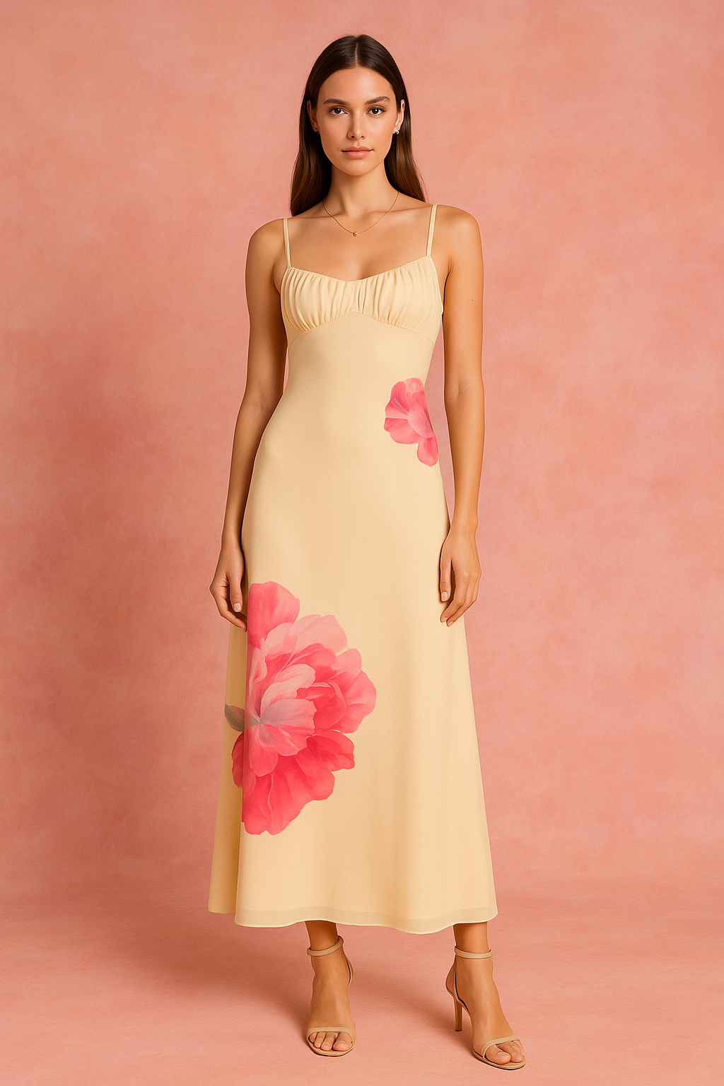 Woman wearing a yellow dress with pink floral patterns on a pink background