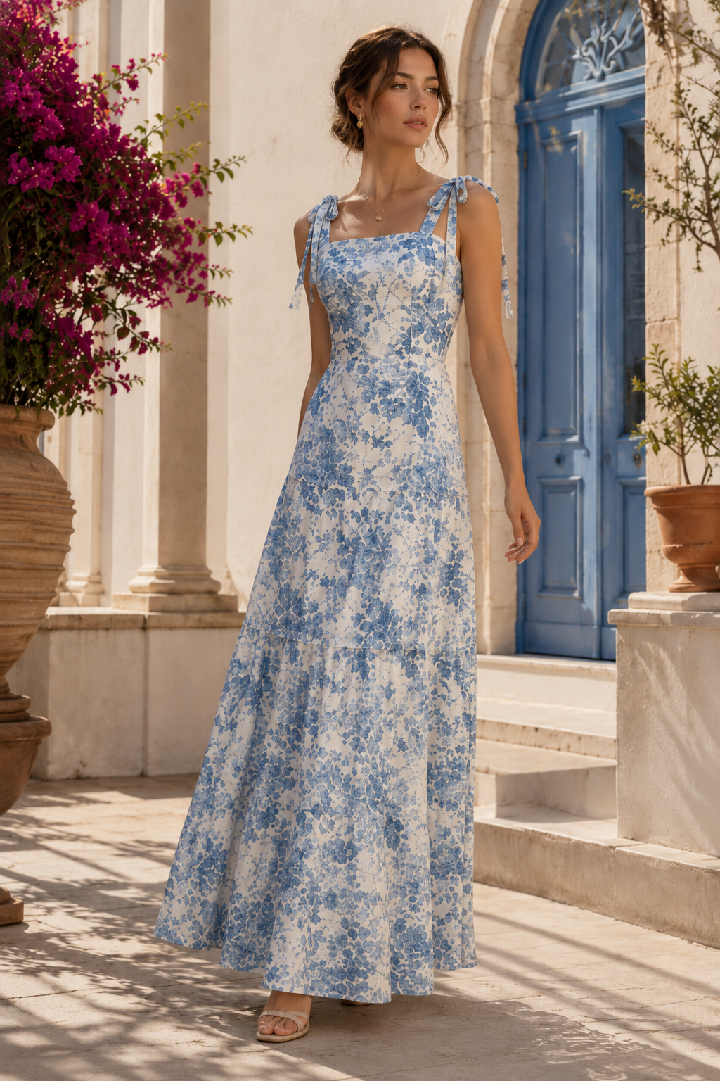 Blue Floral Tie-Shoulder Maxi Dress