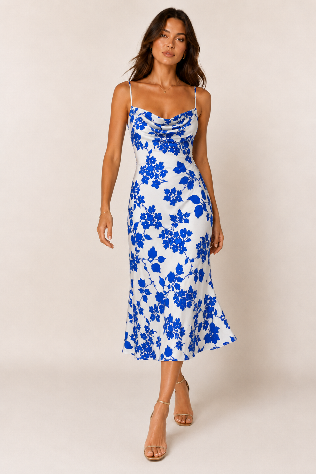Blue & White Floral Cowl Neck Midi Dress