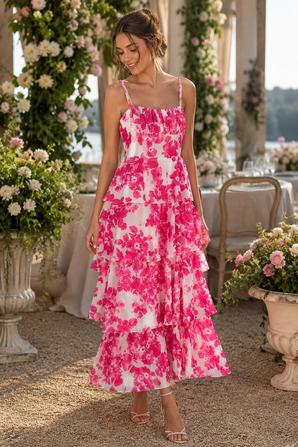 Pink Floral Tiered Maxi Dress