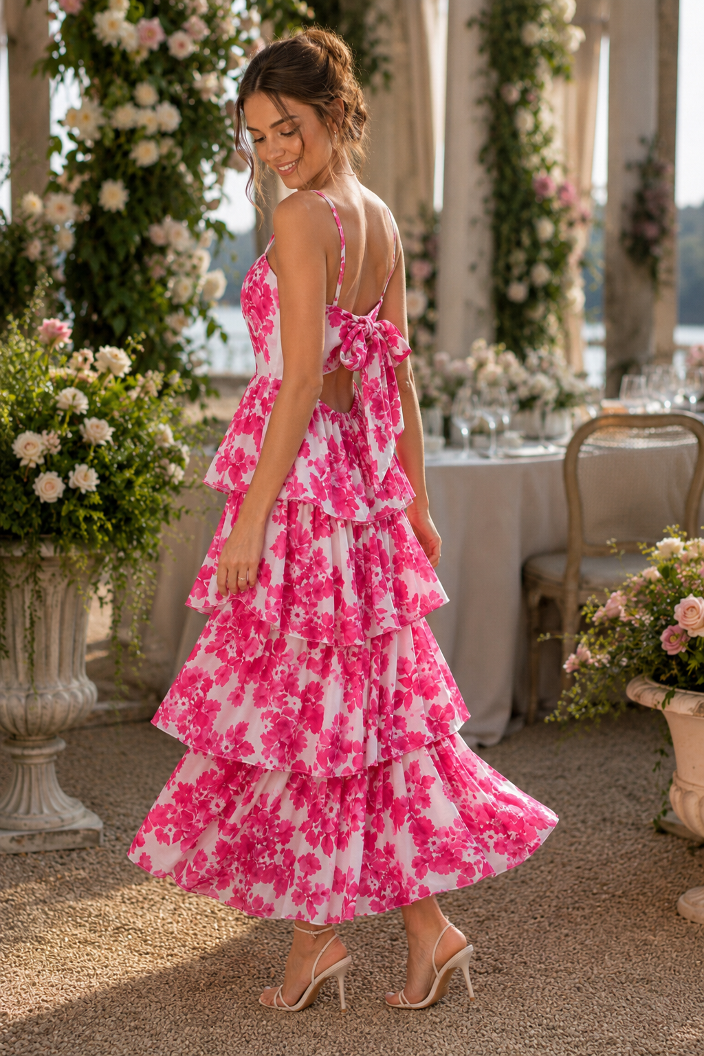 Pink Floral Tiered Maxi Dress