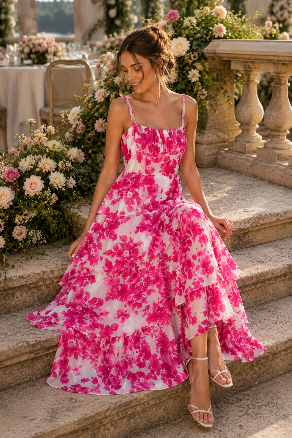 Pink Floral Tiered Maxi Dress
