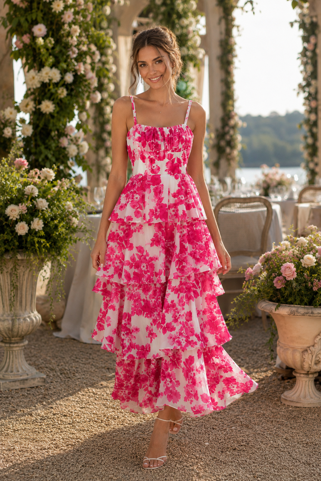 Pink Floral Tiered Maxi Dress