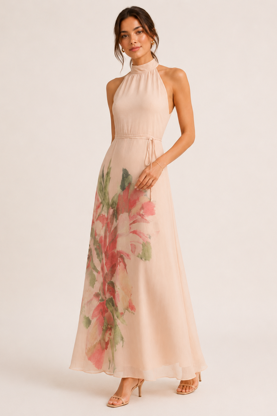 Woman wearing a floral dress on a white background