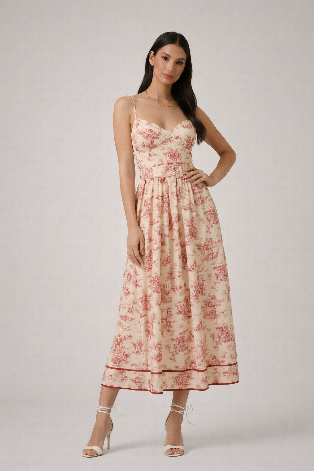 Vintage Belted Floral Midi Dress