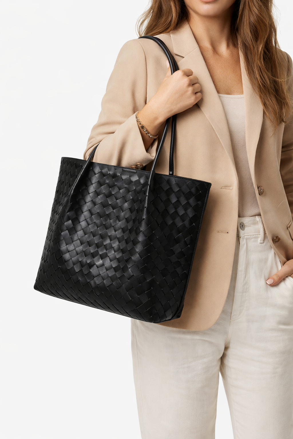 Woven Black Leather Tote Bag