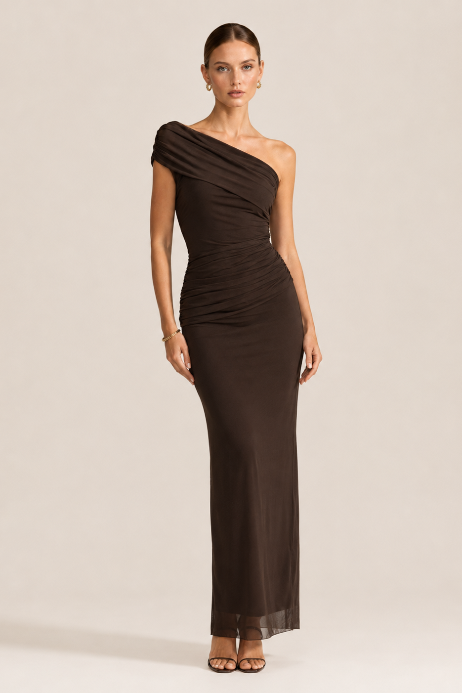 Ruched One-Shoulder Mesh Maxi Dress