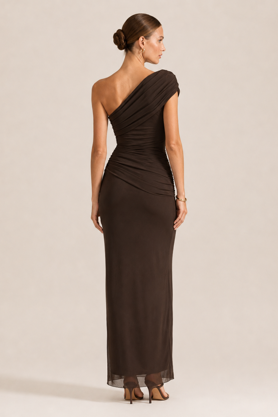 Ruched One-Shoulder Mesh Maxi Dress