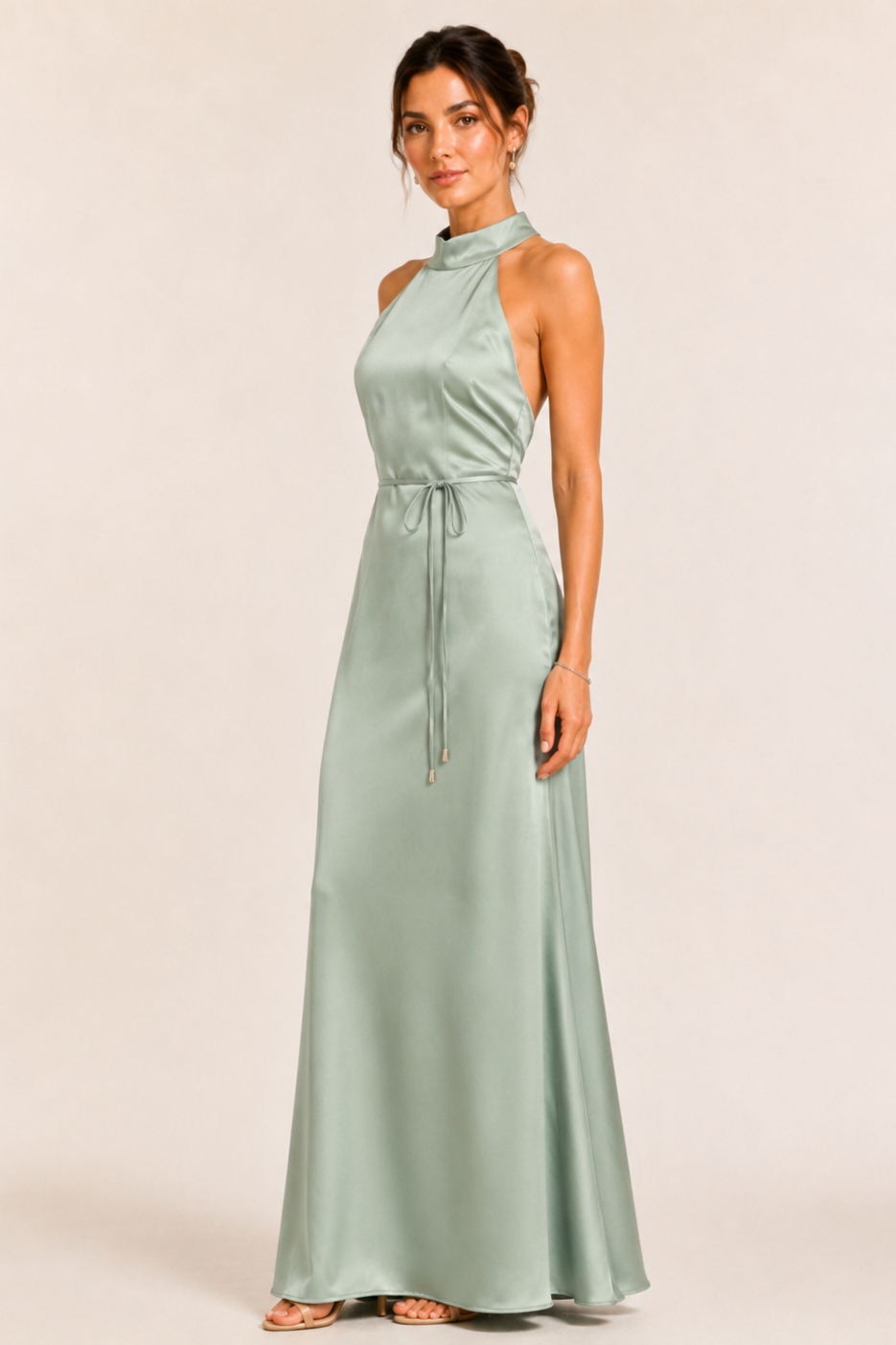 Sage Halter Satin Maxi Dress