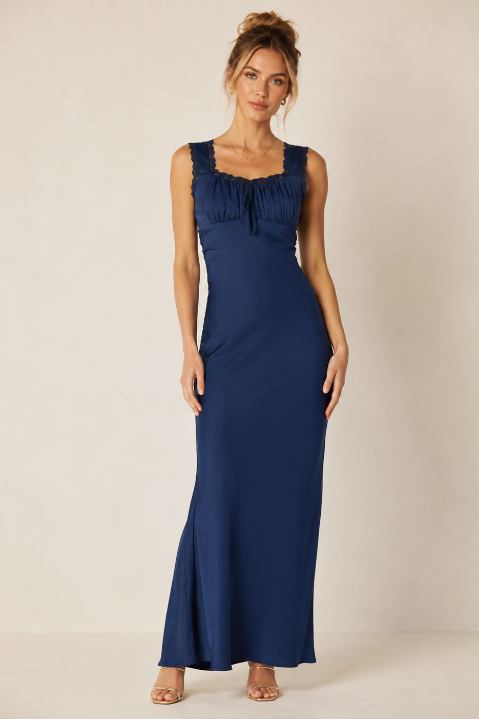 Navy Satin Lace-Trim Maxi Dress — 2BELLA BOUTIQUE