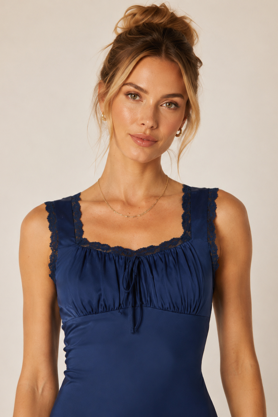 Navy Satin Lace-Trim Maxi Dress