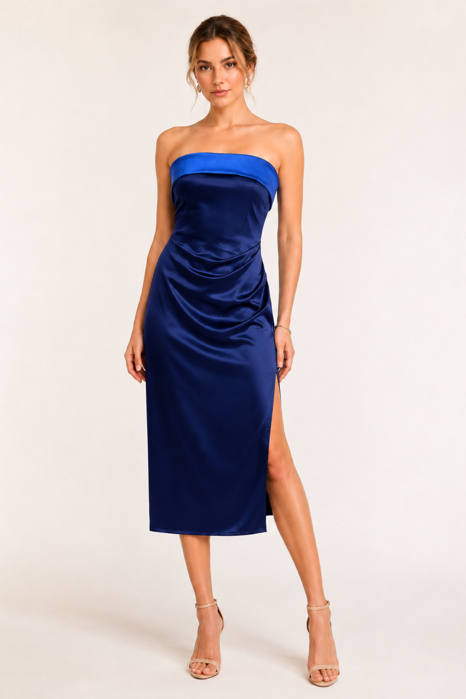Strapless Satin Midi Dress