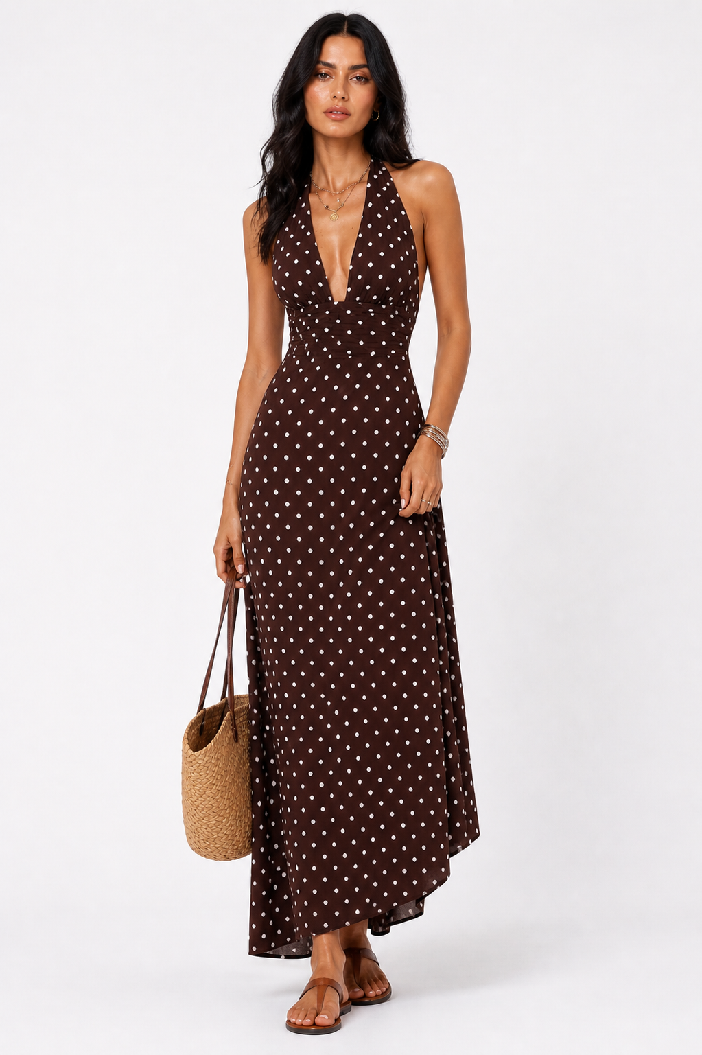Chocolate Brown Polka Dot Halter Maxi Dress
