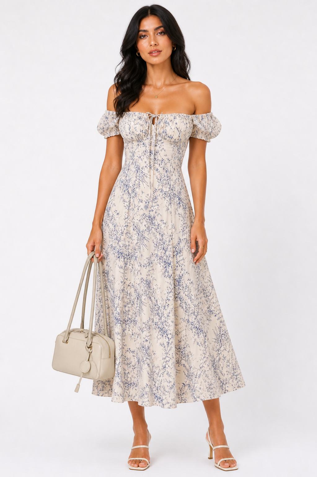 Blue Floral Off-Shoulder Corset Midi Dress