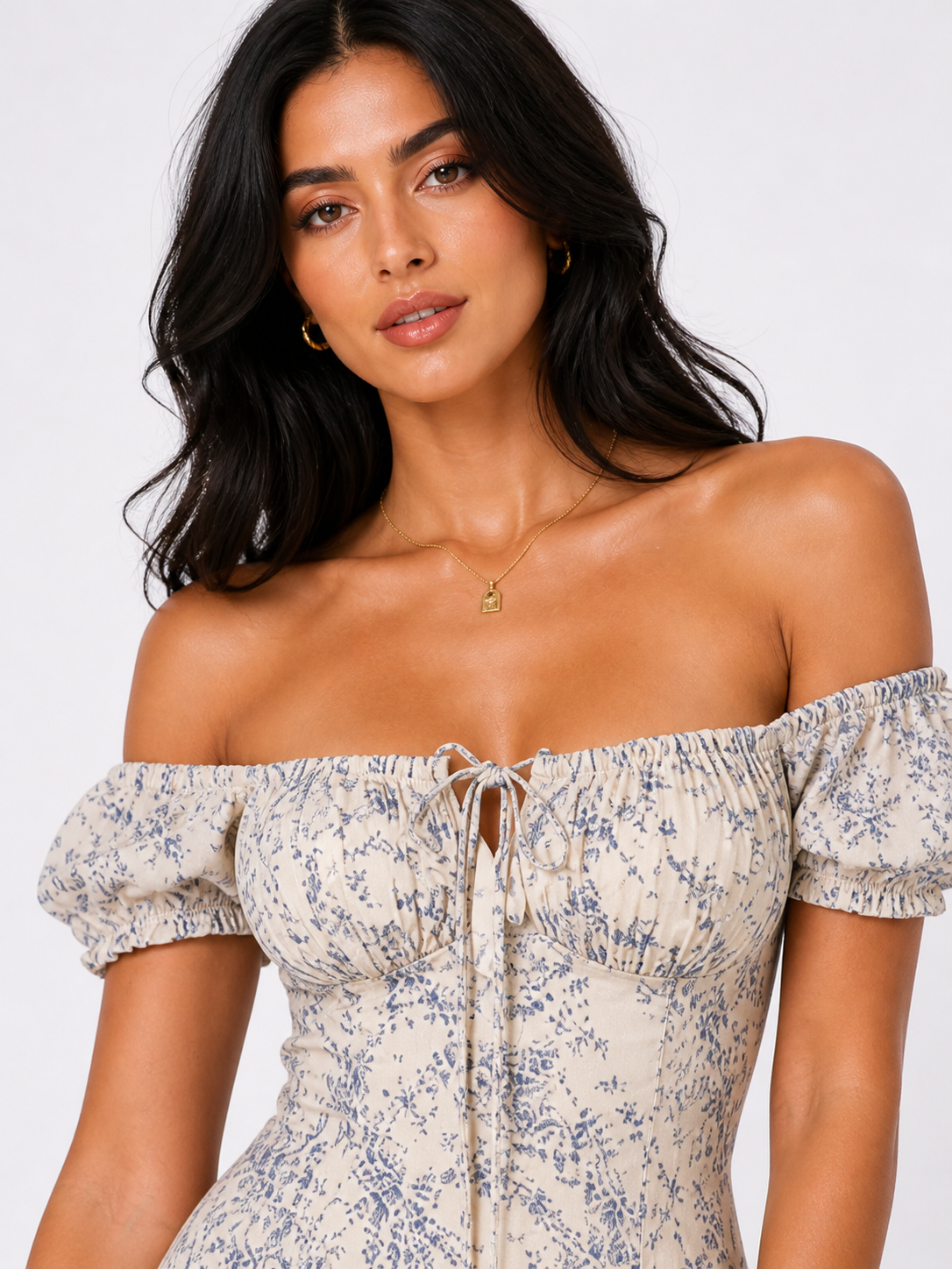 Blue Floral Off-Shoulder Corset Midi Dress