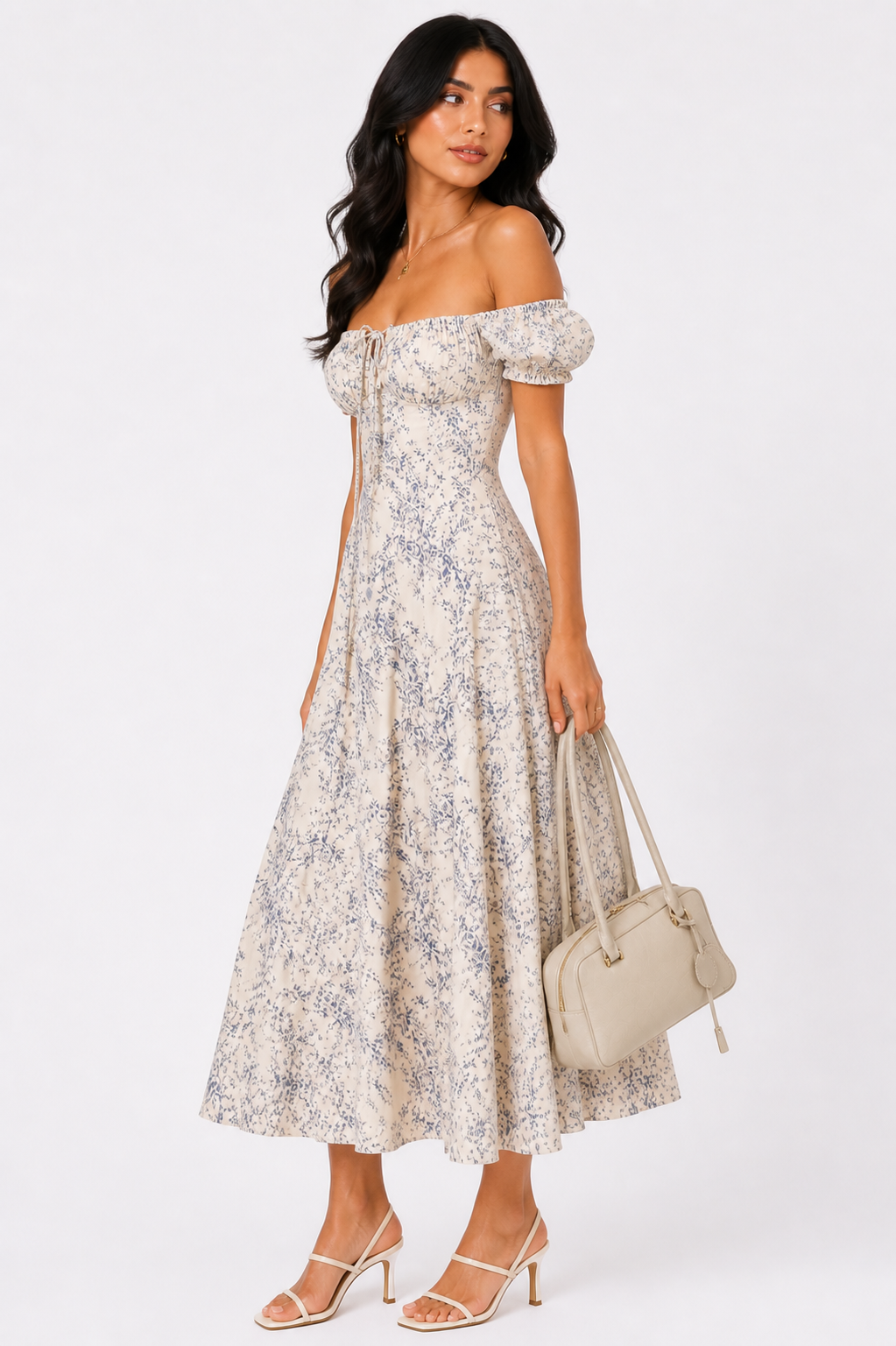 Blue Floral Off-Shoulder Corset Midi Dress