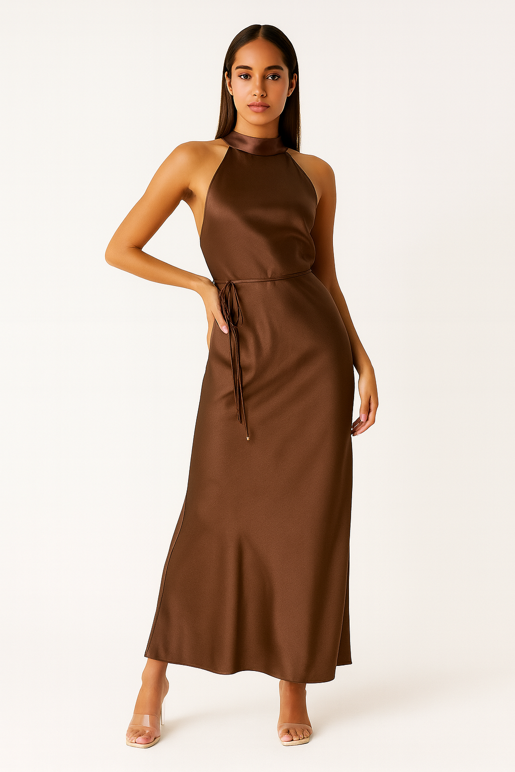 Espresso Satin Halter Maxi Dress