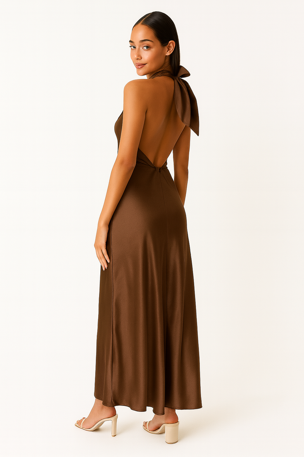 Espresso Satin Halter Maxi Dress
