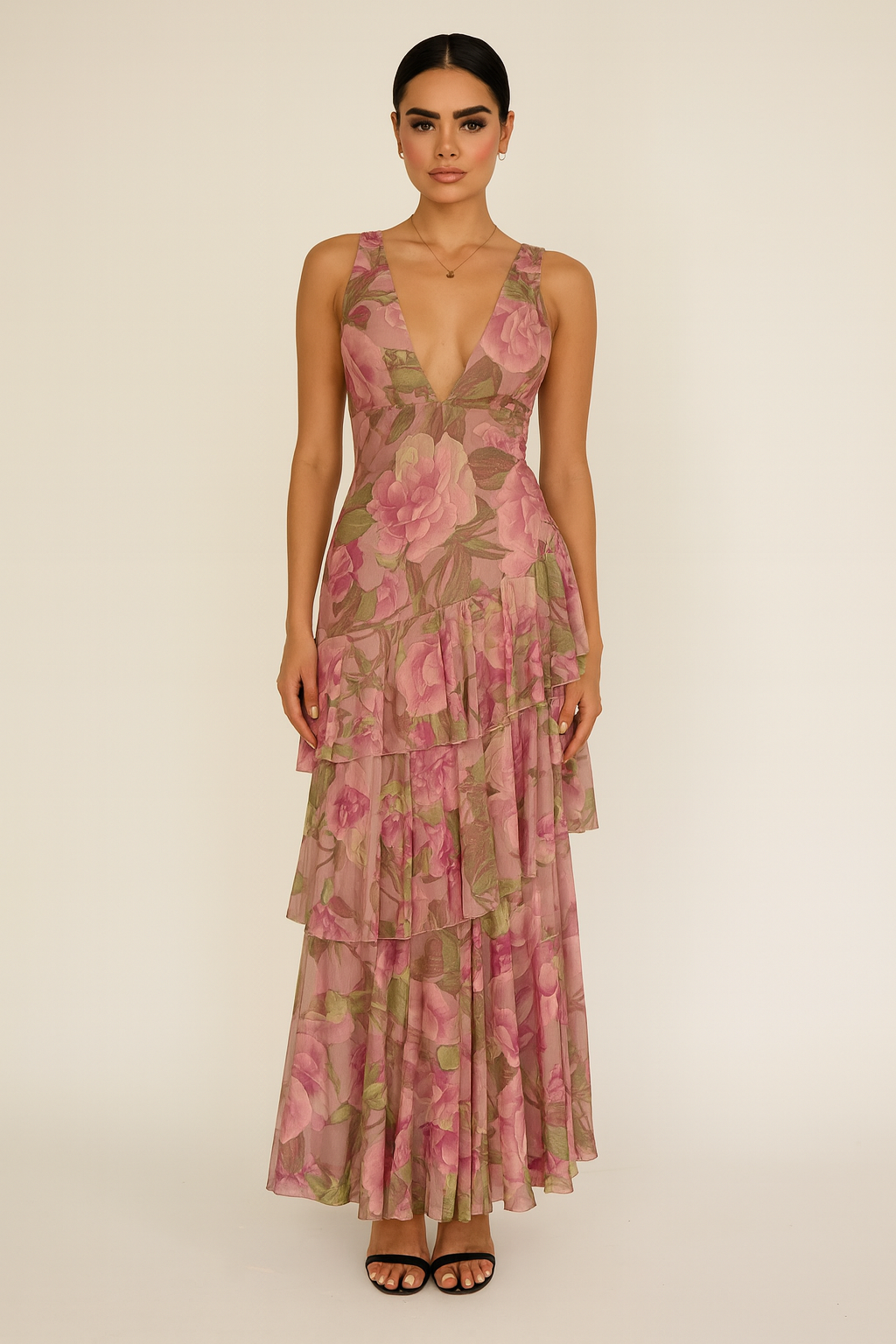 Floral Tiered Maxi Dress with Plunging Neckline