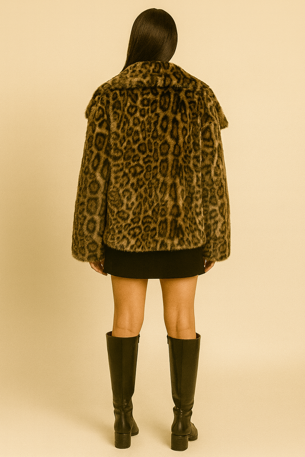 Person wearing a leopard print coat and black boots on a beige background