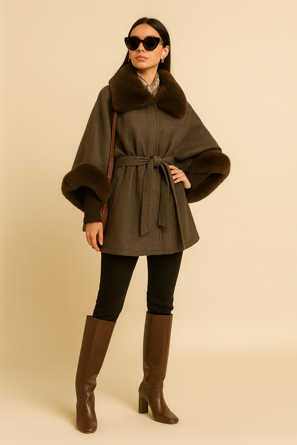 Woman wearing a brown cape with fur collar and matching boots on a beige background