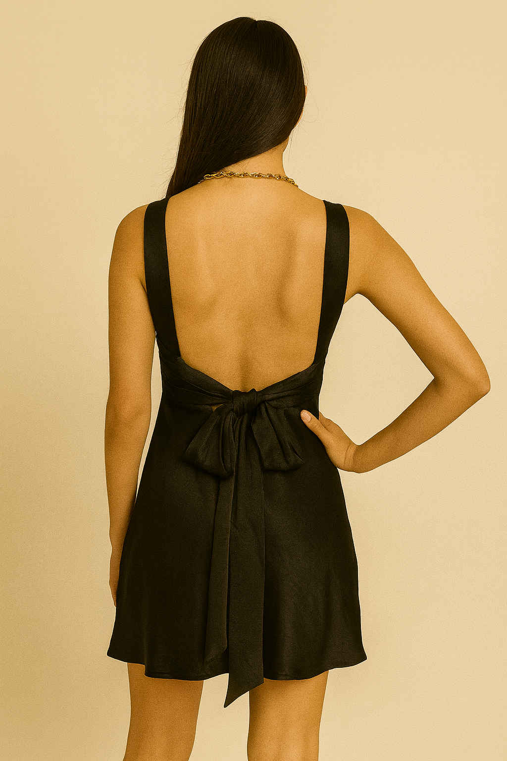 Woman wearing a black dress with an open back on a beige background