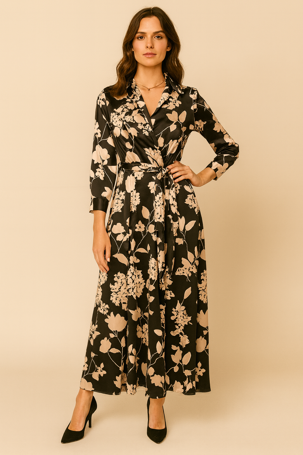 Satin Floral Collared Maxi Dress