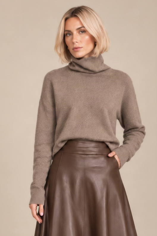 A woman stands against a plain beige studio background wearing a taupe turtleneck sweater, a brown flared skirt, and brown knee-high boots.