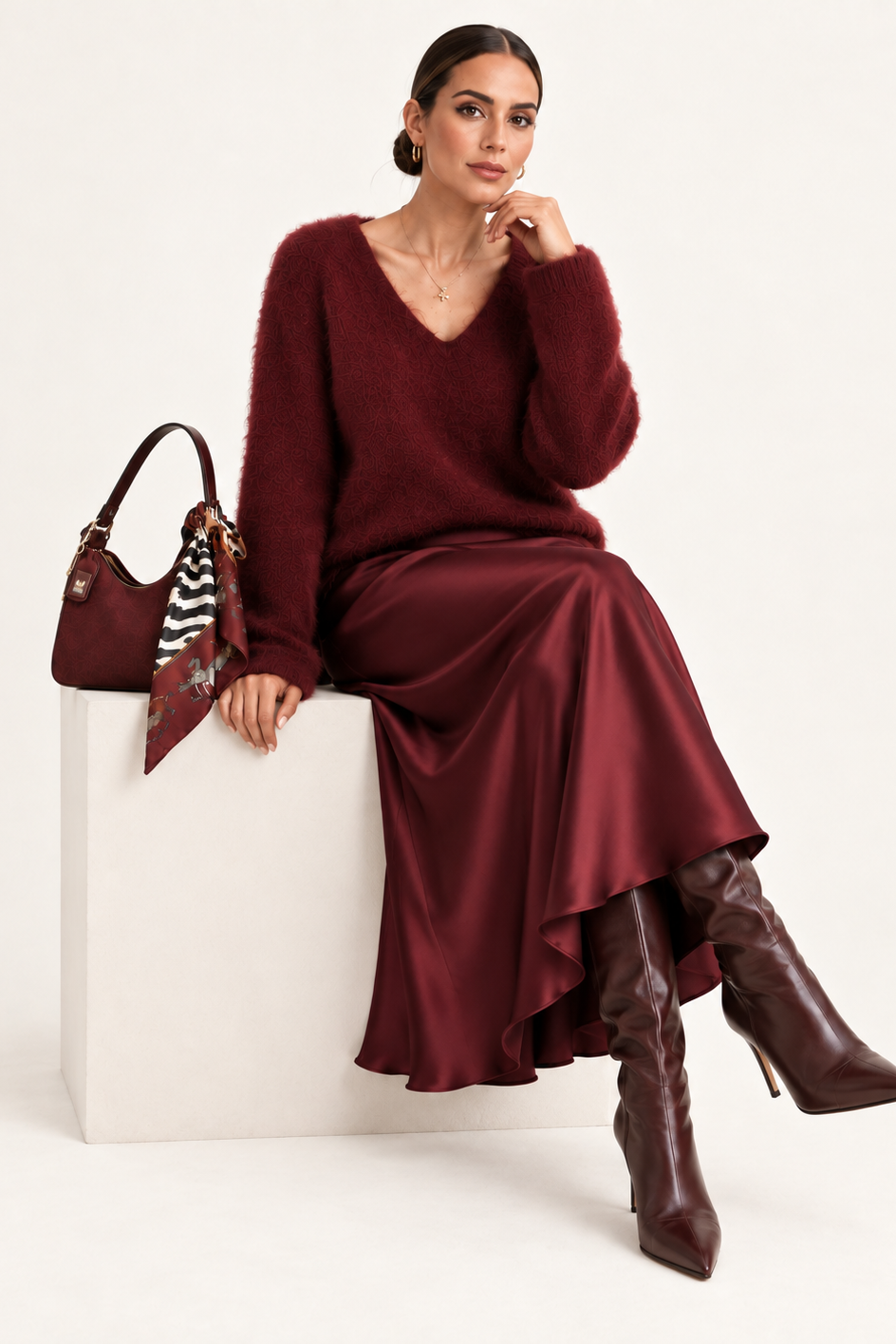 A woman sits on a white block wearing a fuzzy burgundy sweater and matching satin skirt, with dark brown pointed-toe boots and a burgundy handbag beside her, against a clean off-white studio background.