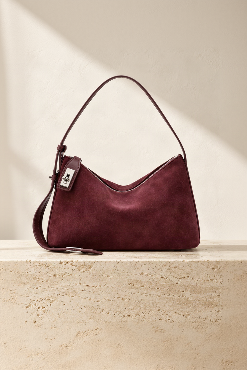 A burgundy suede shoulder bag with a silver-toned lock and leather tag, displayed on a beige stone pedestal against a textured cream wall with soft shadows.