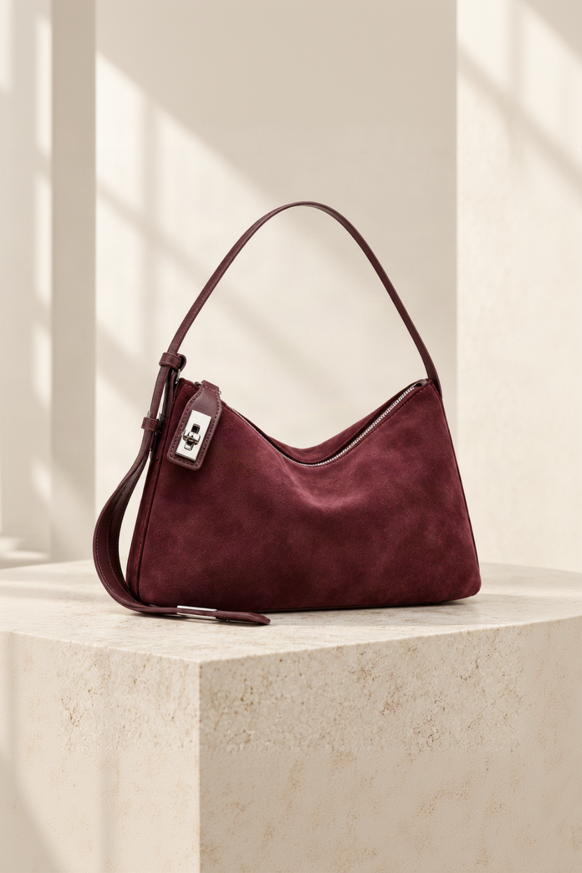 A burgundy suede shoulder bag with a single strap and a silver-tone turn-lock clasp, displayed on a light beige stone pedestal.