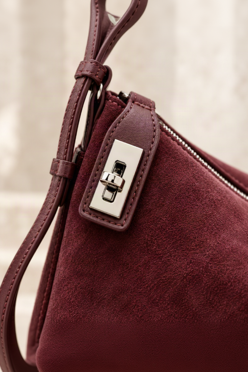 Close-up of a burgundy suede shoulder bag with a silver-toned rectangular turn-lock clasp and matching leather strap on a light beige background.