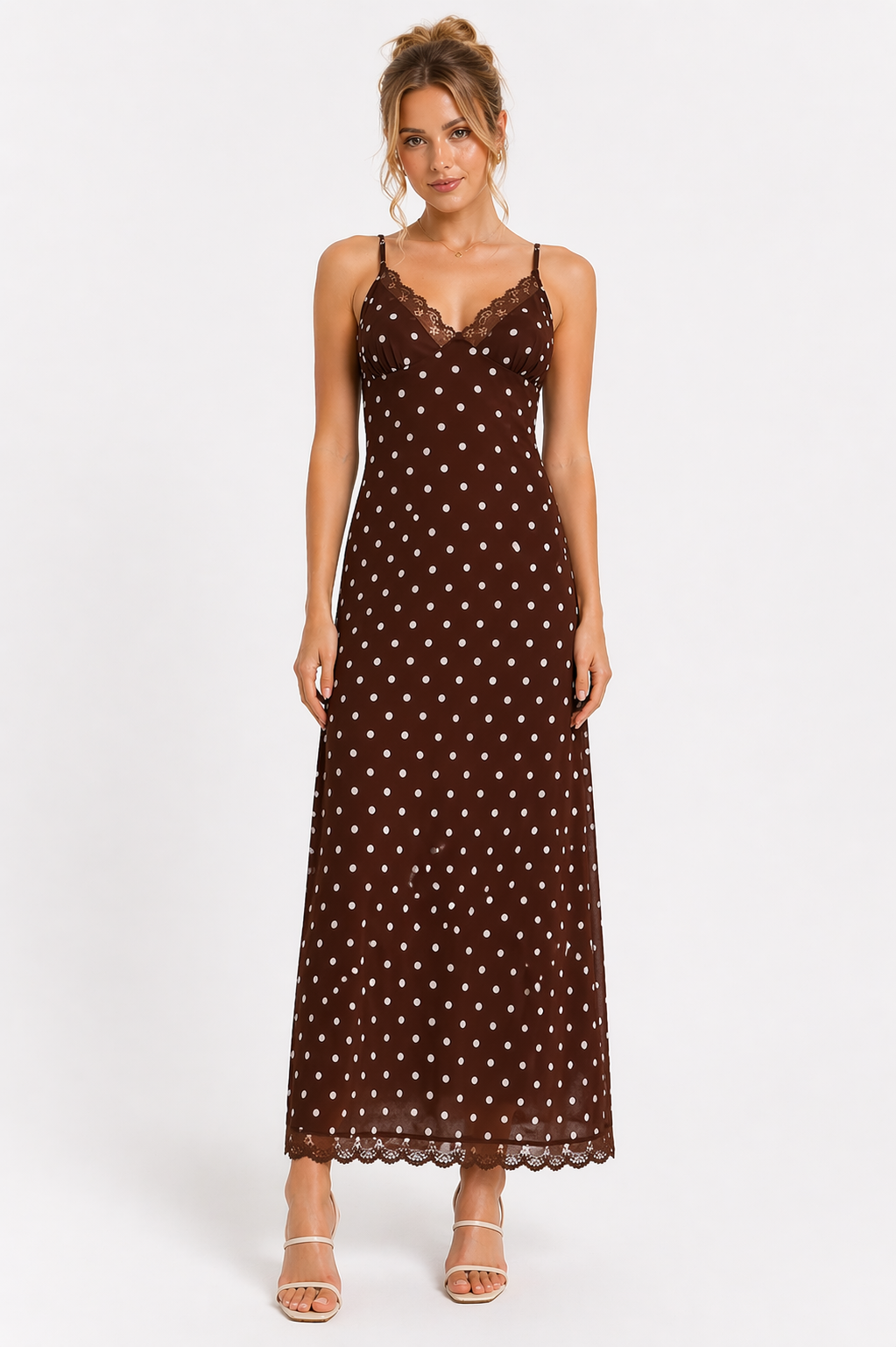 Chocolate Brown Polka Dot Lace Trim Midi Dress