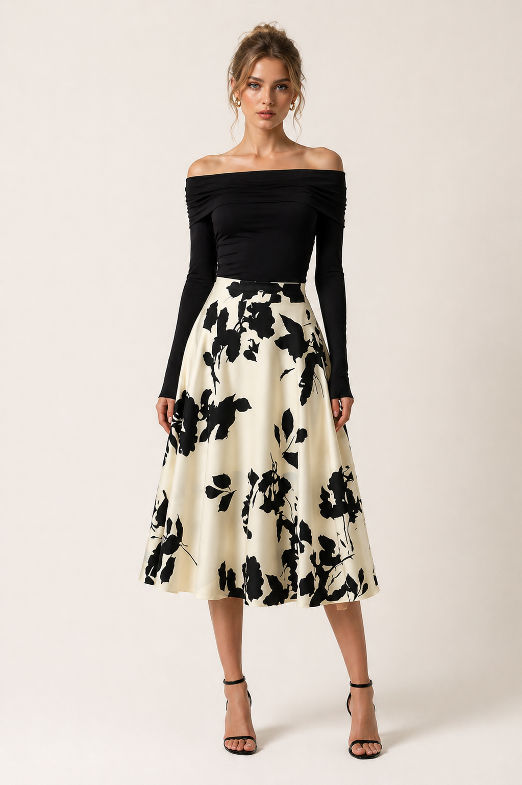 Black & Ivory Floral Midi Skirt