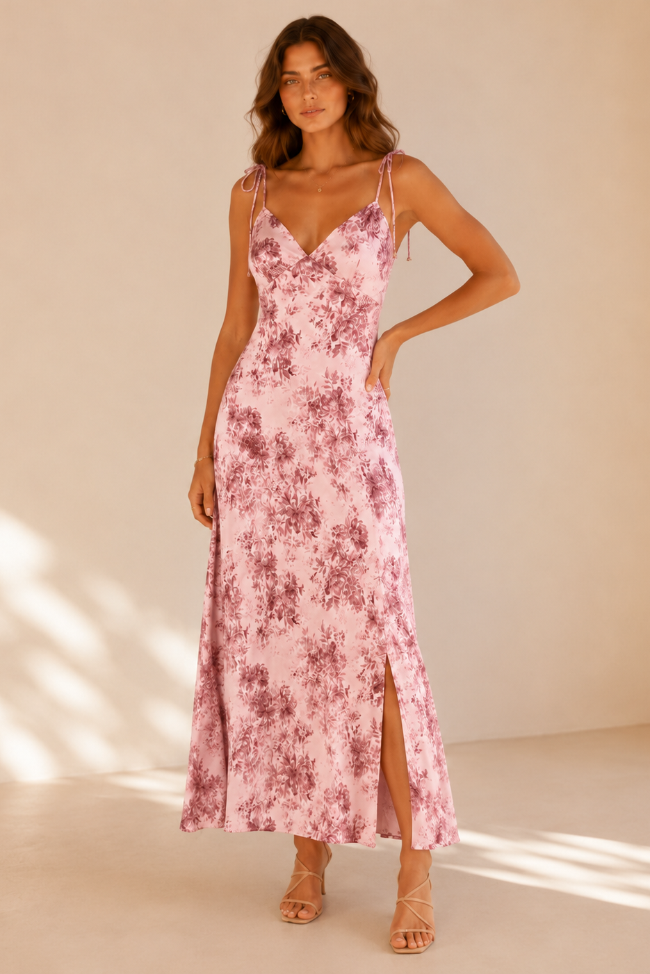 Woman wearing a pink floral dress in a sunlit room