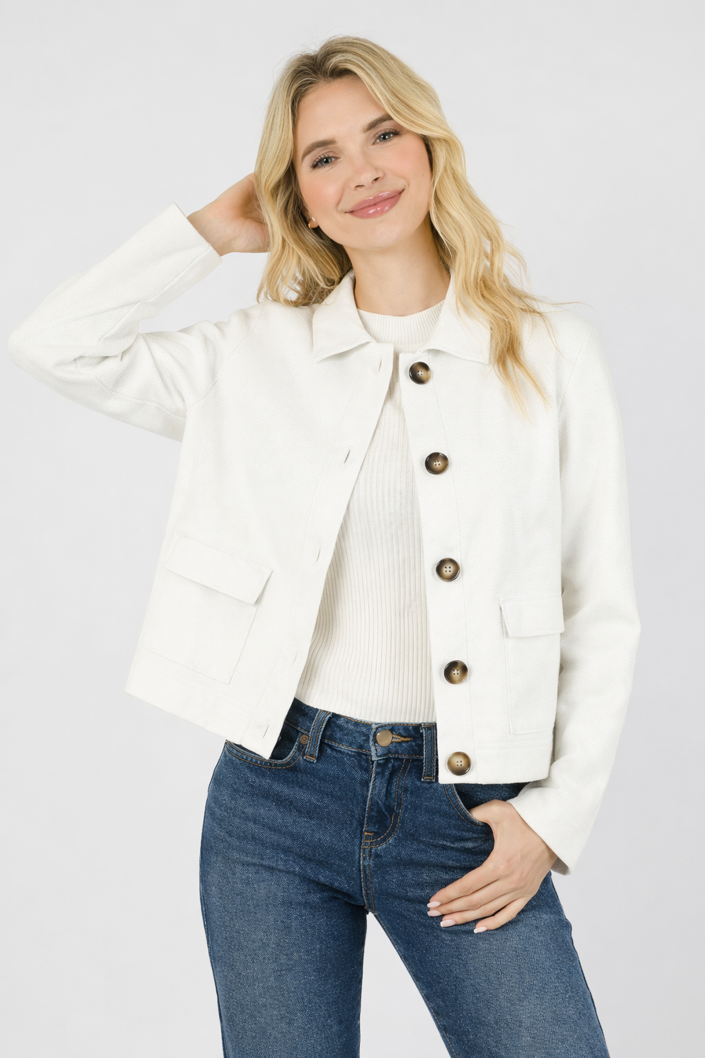 Collared Knit Jacket Silver Blue