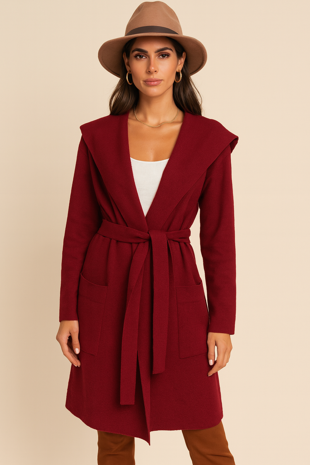 Merlot Belted Long Coat