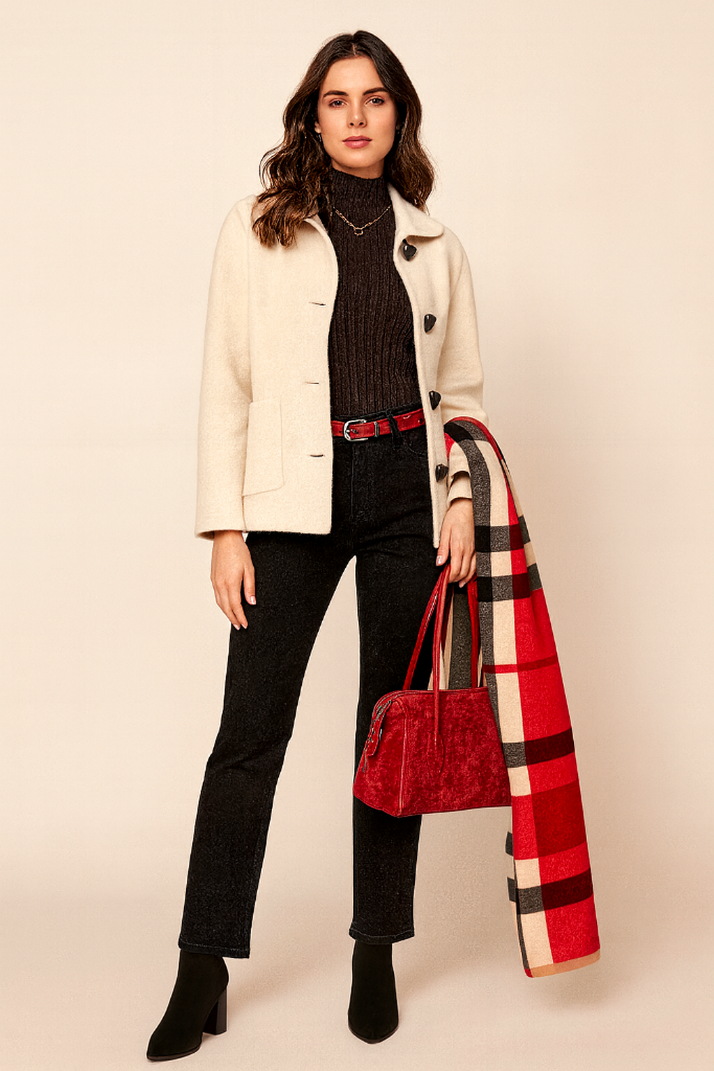 Woman wearing a cream coat, black turtleneck, and black pants with a red handbag and plaid scarf on a beige background
