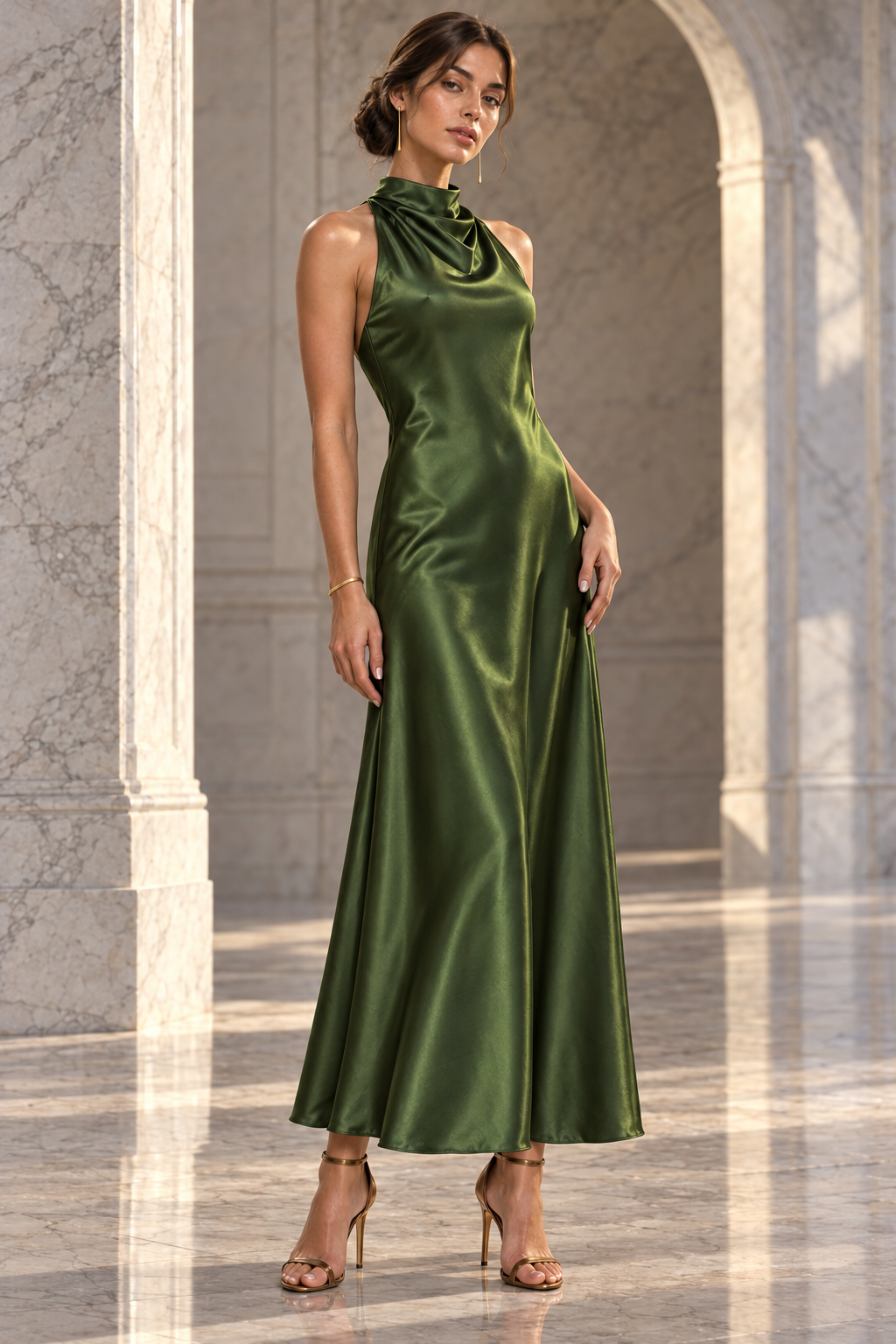 Moss Green Satin Halter Maxi Dress