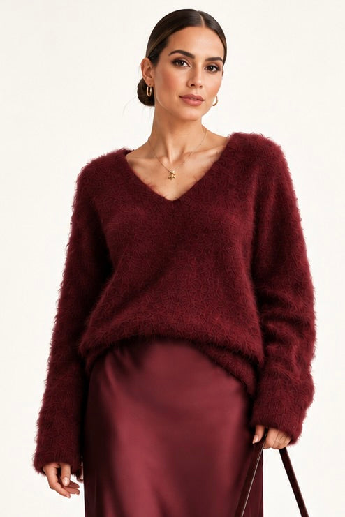 Burgundy Brushed Wool V-Neck Sweater